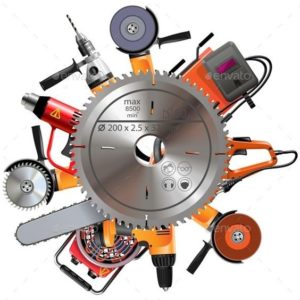 Использование строительных инструментов: перфоратор, электрический лобзик, шлифовальная машина